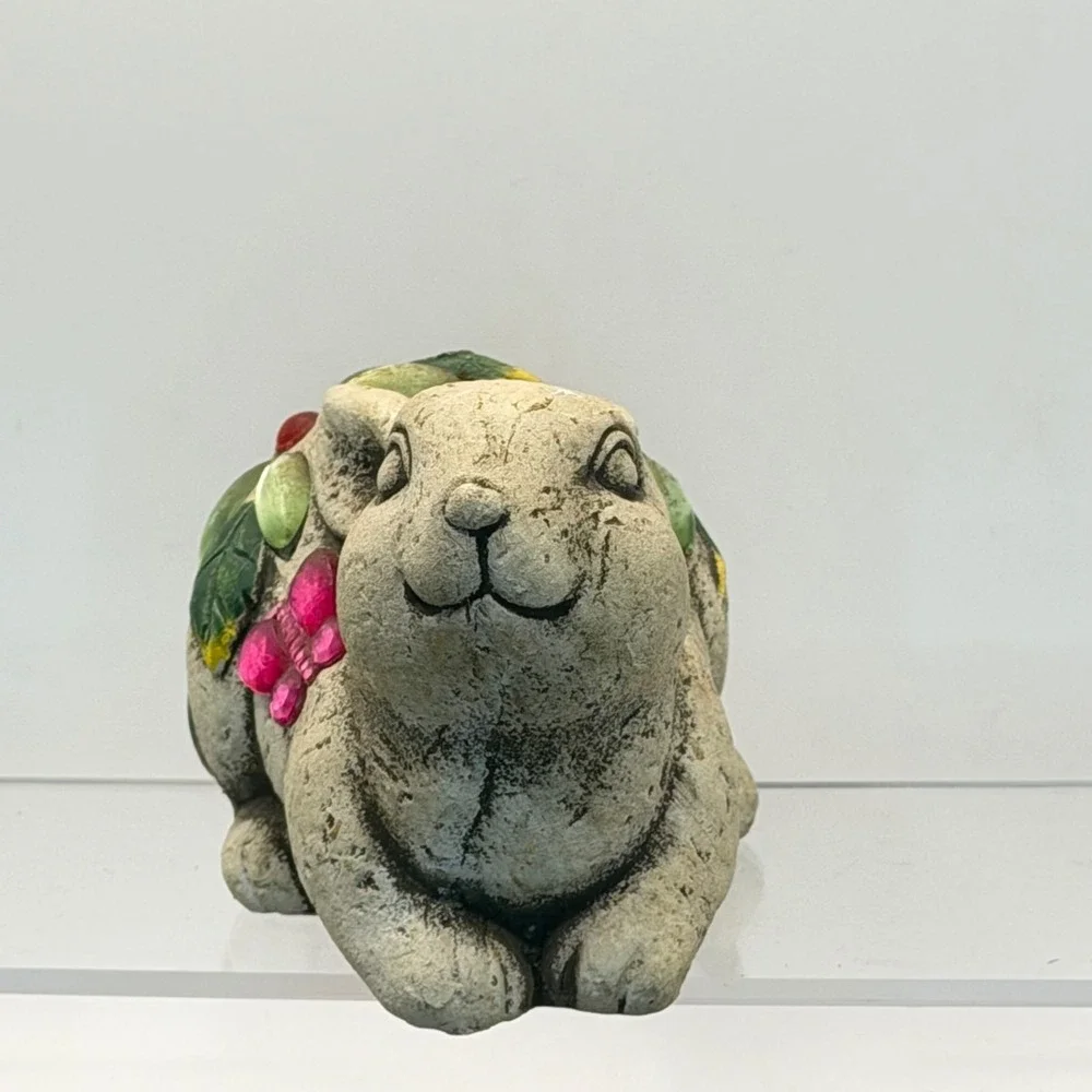Garden Bunny Rabbit Figurine Stone Look Pink Butterfly Flower Easter Decor 5.5in